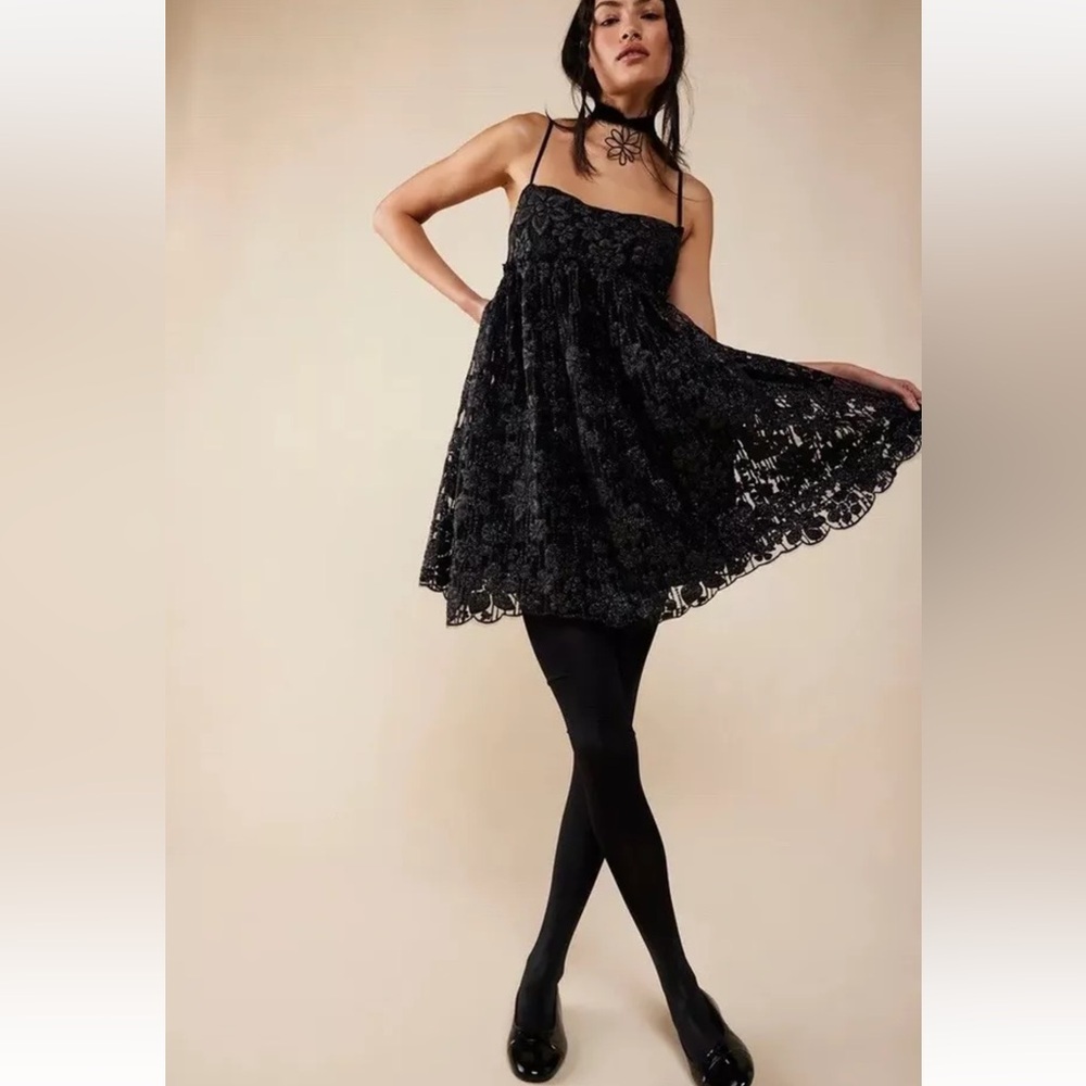 Free People All That Glitters Mini Dress Black Combo Baby Doll Size Small NWT